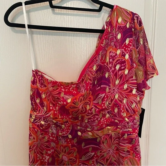 Maggy London One-Shoulder Asymmetrical Dress - Red and Pink Floral - Picture 5 of 9